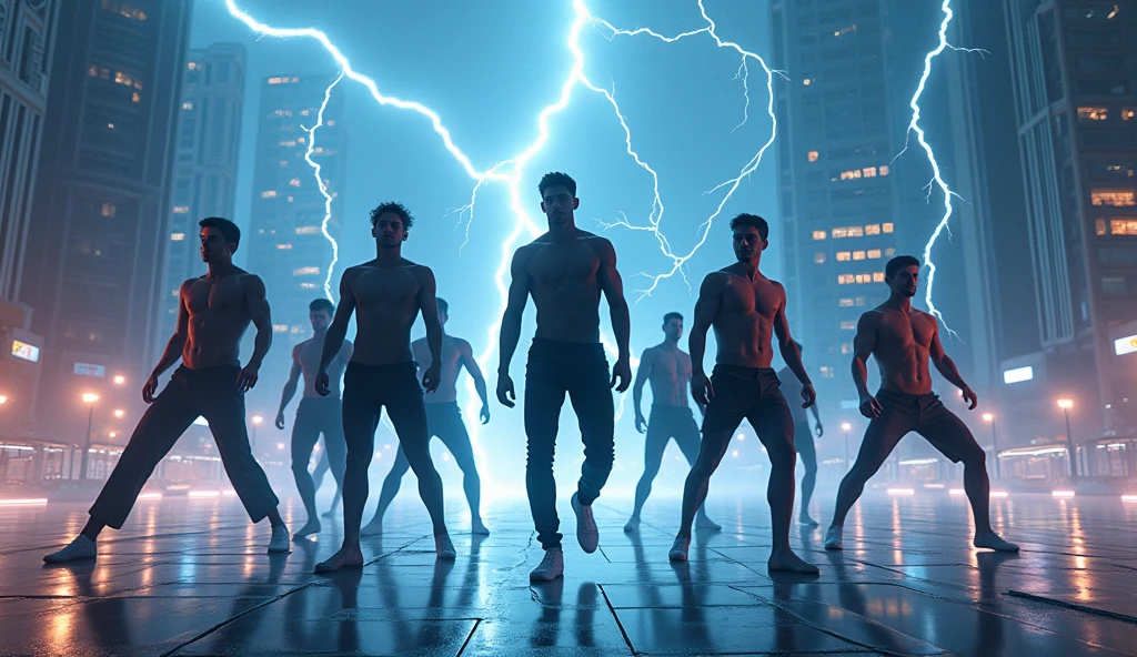 (ultra detailed), thunder、A dance scene with all the members of a male dance group。A futuristic city is projected in the background.。