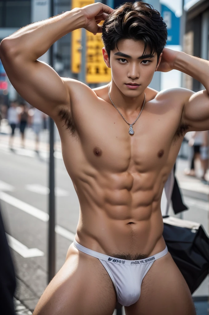 Don't close up, Tokyo street scenery, Tokyo street background, Full body photography, Crowded Tokyo street, very hot sunny day, crowded tokyi street scenery, Very micro red thong, Very hairy armpits, Very detailed finger, don't merge body, Very young Korean boy, ager boy, (photorealistic, masterpiece, best quality), white pale skin, muscular man, hunk, charming, attractive, wearing necklace in his neck, completely naked , Realistic, fully naked, nude, perfect , male , modeling for a photoshoot, editorial style, handsome man, detailed face, Topless, shirtless, boy, very young boy, Cinematic soft lighting illuminates a stunningly detailed and ultra-realistic handsome korean male supermodel, ultra messy curly hair, clear honey eyes, captivating perfect smile, sensual, hot man, insanely handsome, showing off his sweaty body, very sixpack muscular body build, slender, toned, full body, 8k, photography, masterpiece, detailed face, detailed eyes, detailed hands, in the crowded showing off his very bushy hairy armpits, only wearing very thin micro white thong with big hard dickprint bulge, very wet body, very sweaty body,