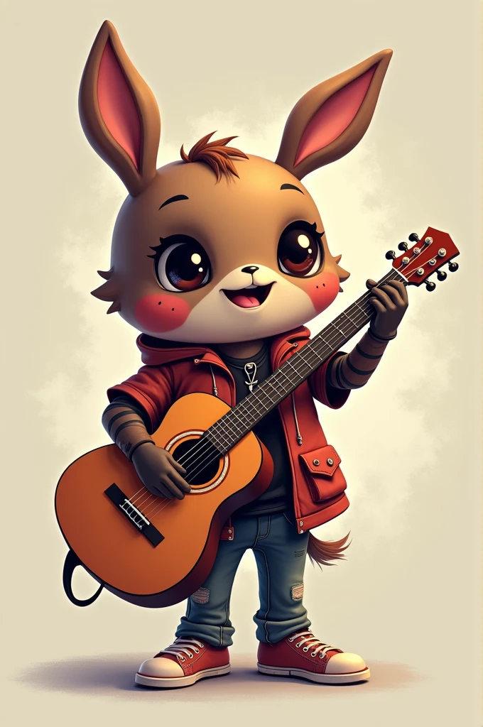 Create a mascot with a music theme.make him hold the guitar,make the physique cute and attractive iconic with a slightly dark color