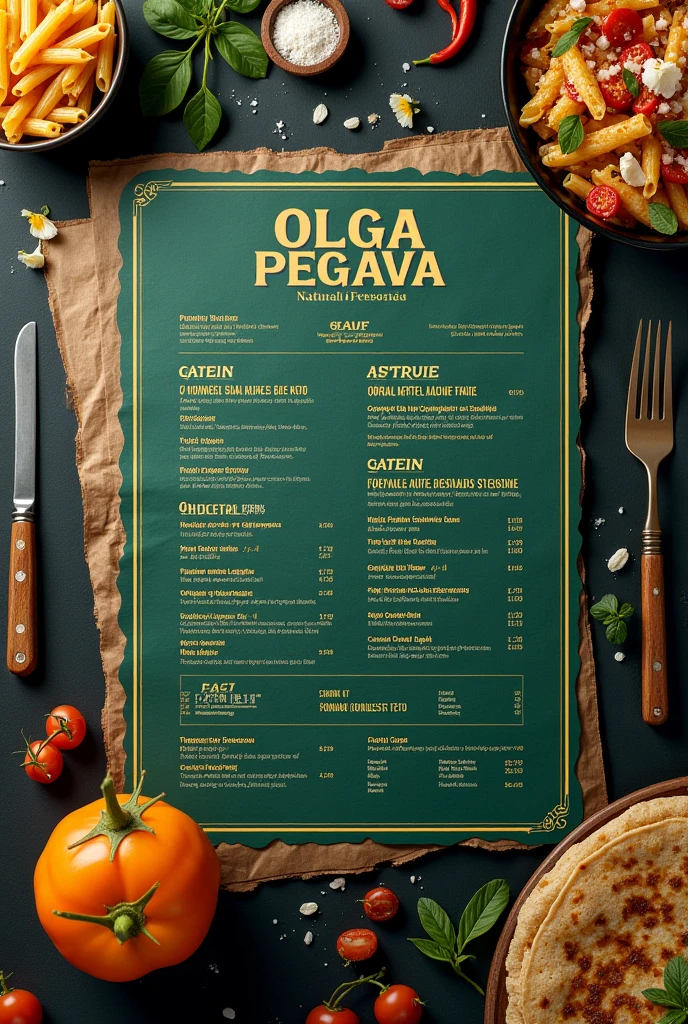 Menu for restaurant The name of the restaurant is "Olga Pegava" and it sells tortillas and pasta To me, let it be like a newspaper with dark green motifs