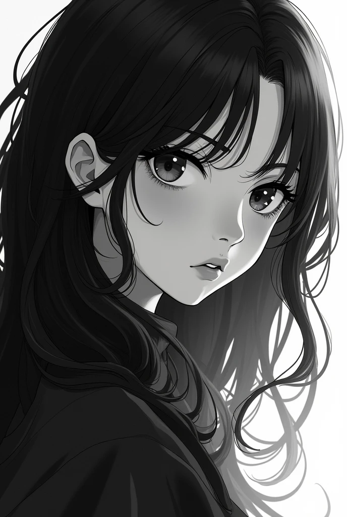long black hair girl face anime style 2d to black and white