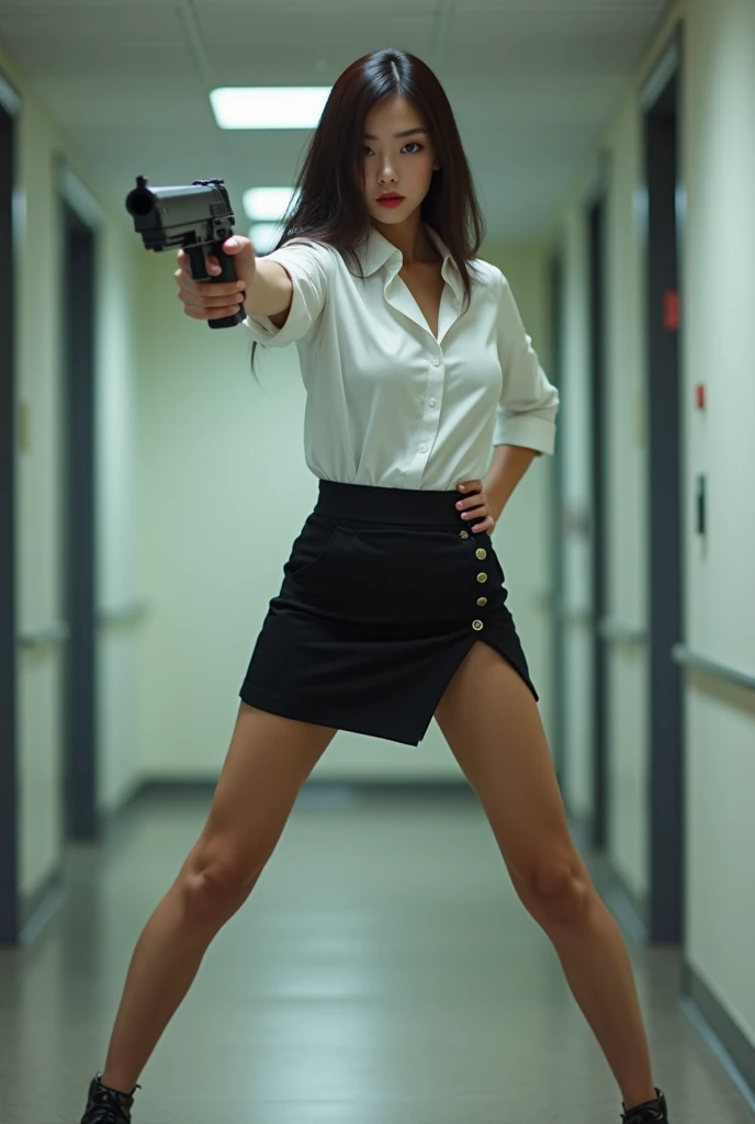 real beautiful sweet big eyes office lady japanese white shirt low mini skirt standing legs open wide spreading full portrait holding rifle gun pointing at you front facing aiming at you