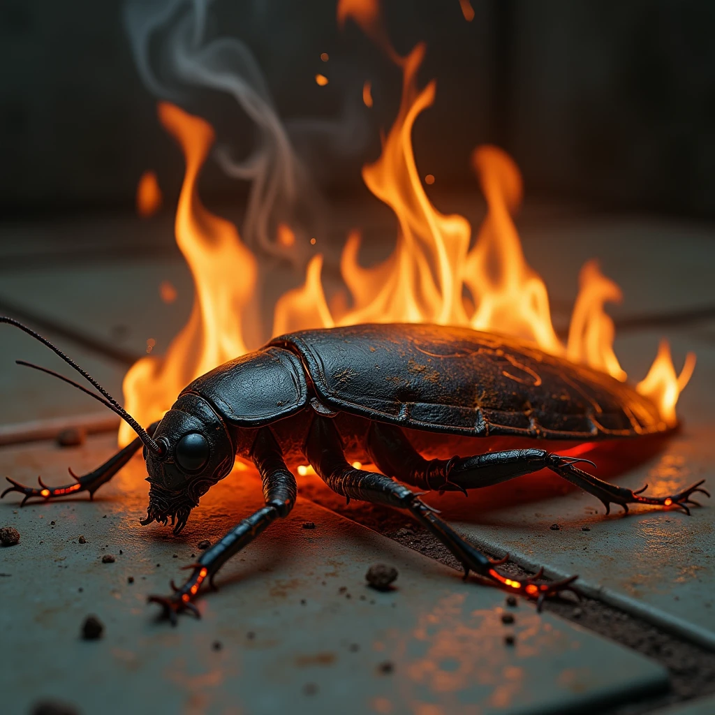 Cockroach in flames、lying face down on the ground, dead
