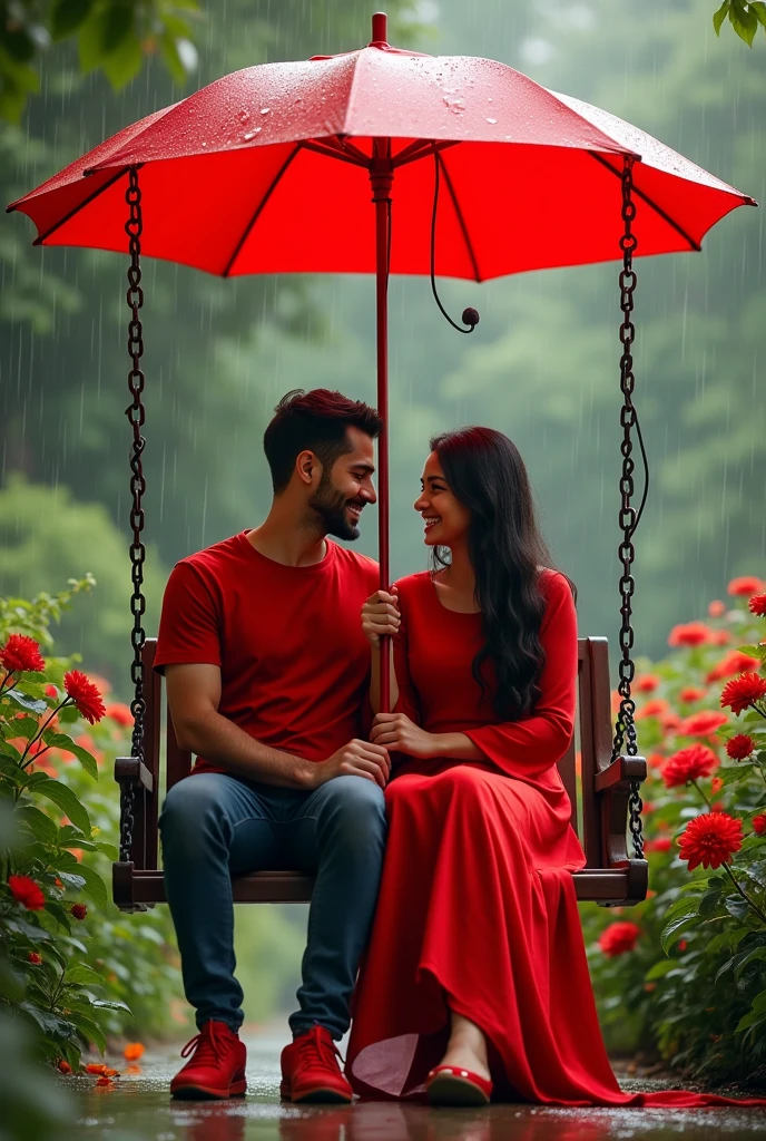 Slowly slowly rain with Ali and waniya with red flowers garden couple sitdown in a chain swing Ali plug in a umbrella and Ali t shirt is a red and waniya dress in a red frock and couple smiling faces and boy clean shave couple shoes color is red and umbrella color is red in prompts