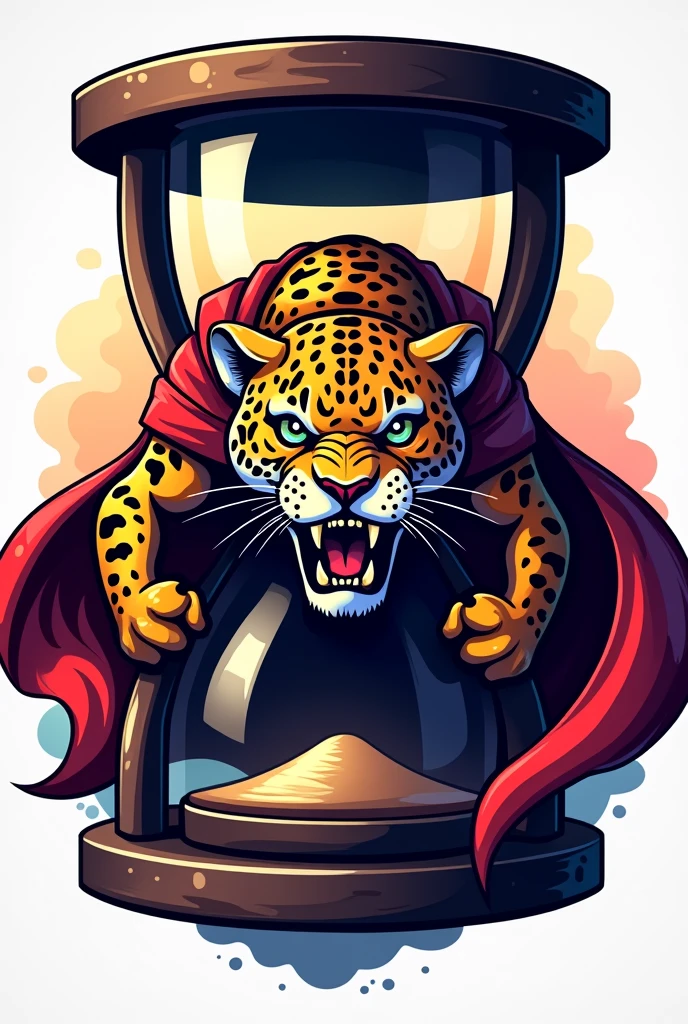 LOGO for SPORTS club Mascot, jaguar wearing a cape and showing its teeth, from the front and with a large hourglass behind, well framed