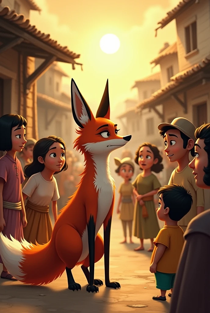 Fox Talking to Villagers**: The fox engaging with villagers, using gestures to explain the lion’s plight, with villagers looking intrigued.