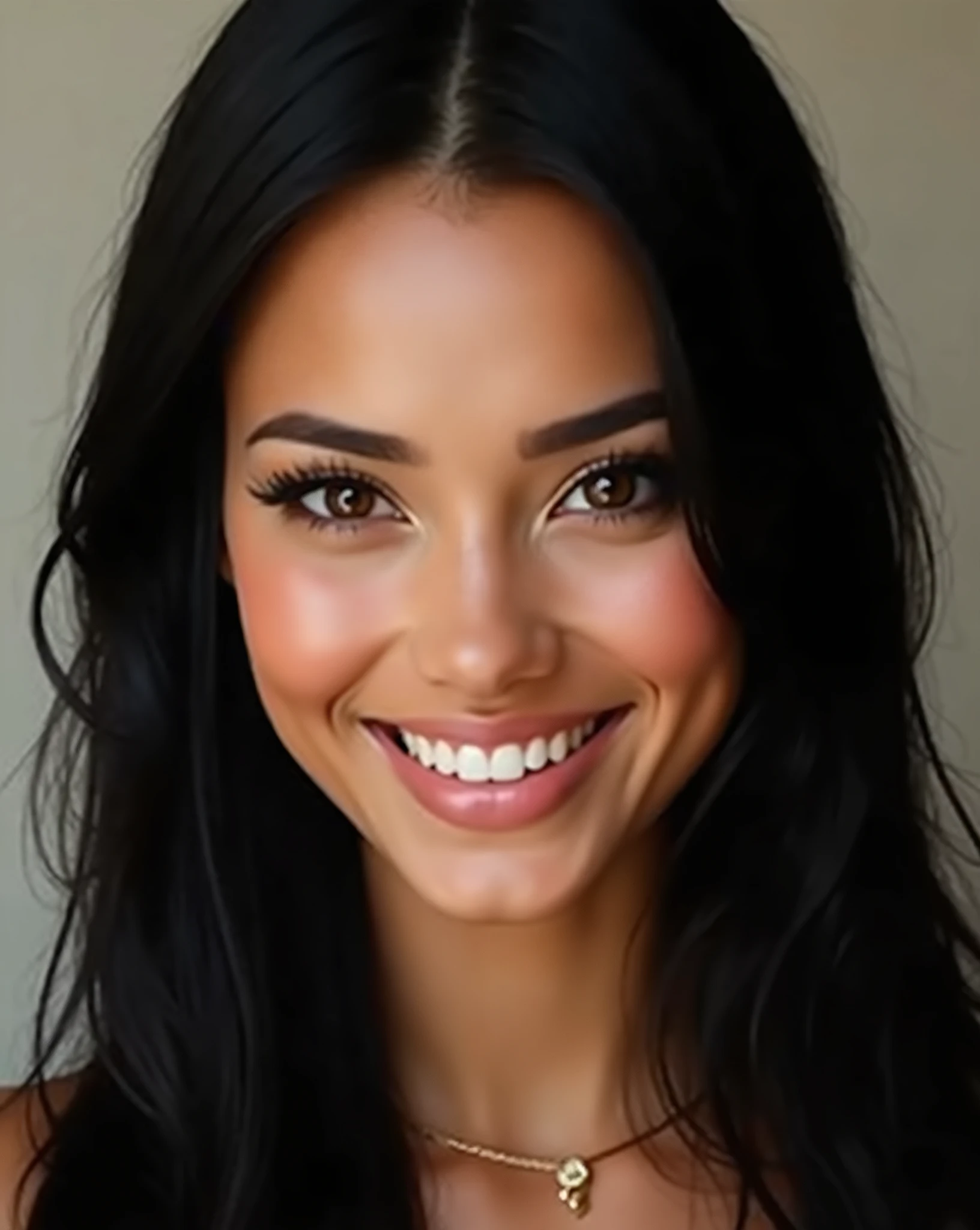 !generate  Infinity"  smiling (White teeth:1.3) very beautiful lady with honey-colored eyes, with long straight black hair, photography, portrait, realistic, looking into the câmera"    