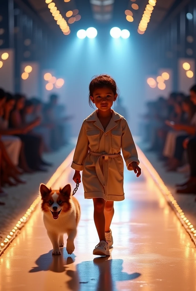 An ultra-realistic image of a confidently walking down a fashion runway on the beach sand. The childearing an elegant fashion look alongside his pet which is a cute dog creating a dramatic effect. The background features an audience sitting along the catwalk, with the spotlight focused on the child, giving the scene a glamorous, haute couture atmosphere. The child's expression is composed and balanced, exuding a sense of sophistication as he struts down the catwalk on the beach sand.