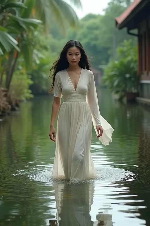 Beautiful Thai woman walks through flood water in Thailand. Clear picture. Movie.