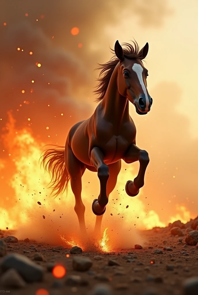 Horse jump in wa, fire explosion area, horse is small size, ground full dust and fire particles