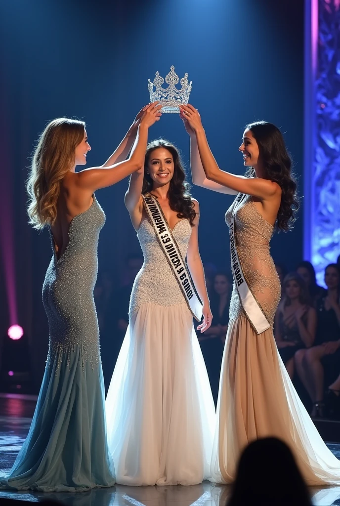 Two last standing of Miss Universe, hold hand each other. The center is Miss Universe while hold the crown up