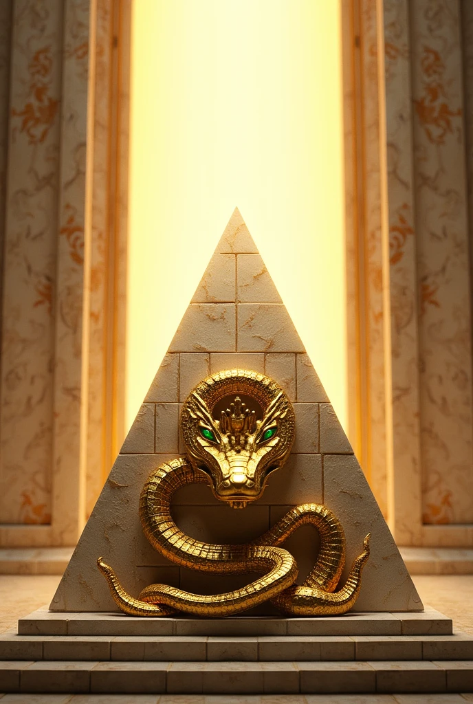 Create a coat of arms with white and gold colors in the background, a pyramid and a golden serpent with emerald eyes.