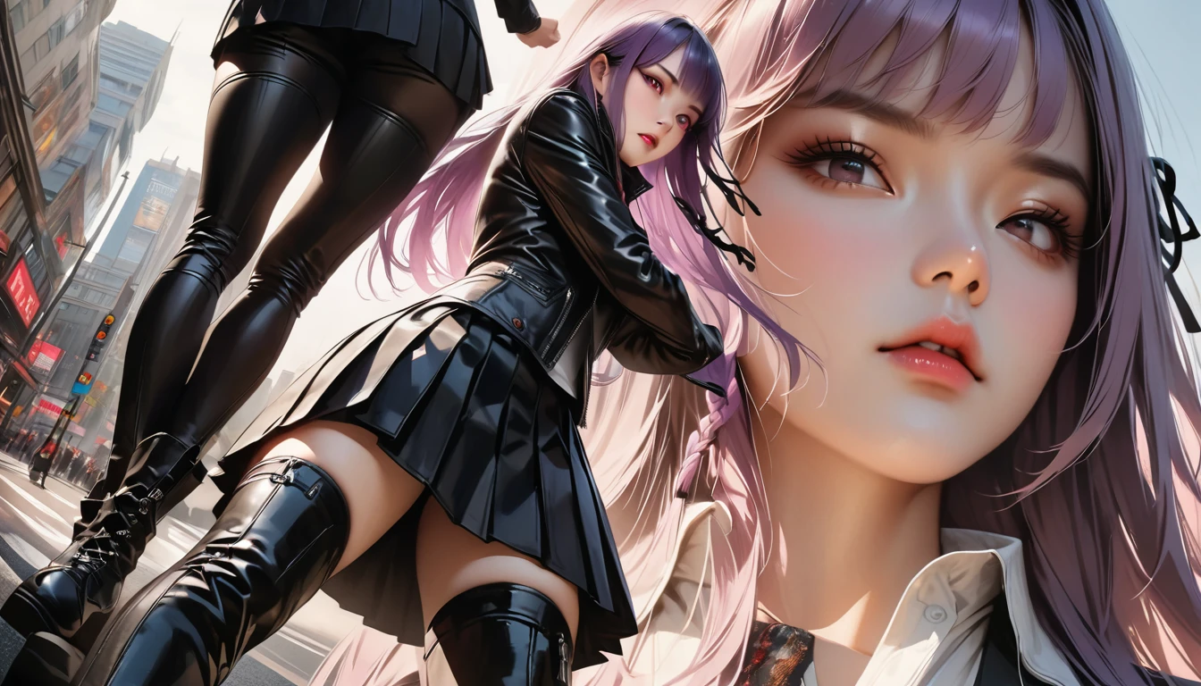 photo Realistic, masterpiece, Realistic, High Contrast, hyper detailed, Highest quality, 超High resolution, photo Realistic, High resolution, detailed, RAW Photos, Kirigiri Kyoko, Long Hair, Purple Hair, Side braid,, Hair Ribbon, Black Ribbon, High collar, Brown tie, black motorcycle jacket, Long sleeve, Black gloves, Black mini skirt, Pleated skirt, Black long boots, Full Shot, \(series\), street, Full Shot, View your viewers, White shirt, woman, (((From below))), Busy city, Shorthand, (Seductive pose), View your viewers, gone crazy, (eye contact), Japanese Girls,