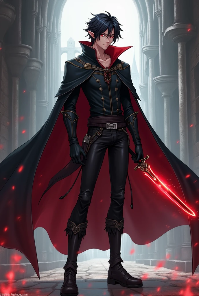 Generate an anime-style character with shadow powers, Youngh, naughty man, wears a cape and a dagger with a red aura, dark eyes, has a physique with shape, He has , and he is Half-Elf, Human Elf, with small elf ears, with red highlights in her hair, male character, with a male medieval clothing style