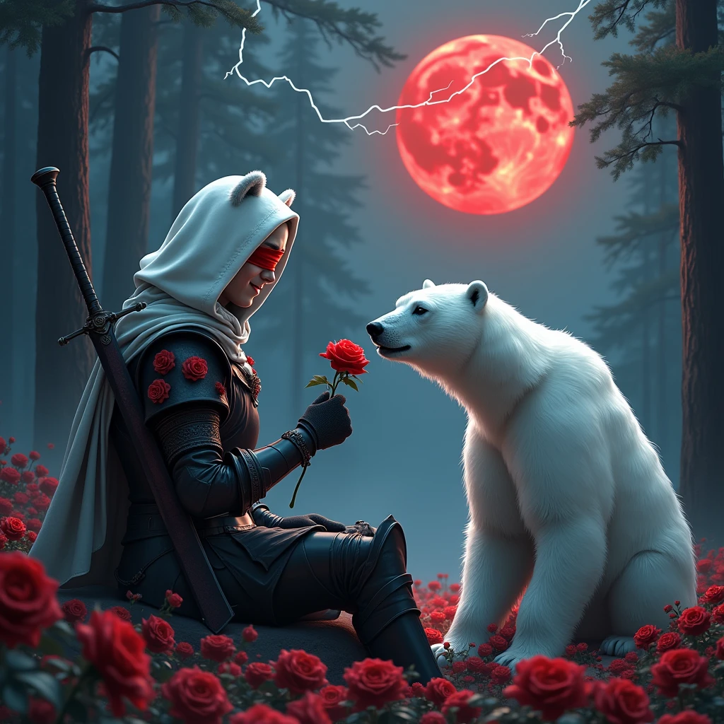 Male knight with a white hood with bear ears with sword behind his back sits towards a polar bear in a forest while the moon shines, many Roses cover the ground and lightning falls from the sky. The polar bear has black eyes and a calm appearance. Only the man wears a red blindfold. In the background of the picture is the blood moon. The forest is full of trees with leaves. The armor of the man is black with red roses on it. The knight smiles while giving the polar bear a rose.