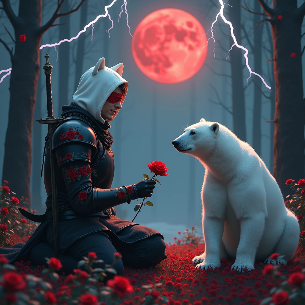 Male knight with a white hood with bear ears with sword behind his back sits towards a polar bear in a forest while the moon shines, many Roses cover the ground and lightning falls from the sky. The polar bear has black eyes and a calm appearance. Only the man wears a red blindfold. In the background of the picture is the blood moon. The forest is full of trees with leaves. The armor of the man is black with red roses on it. The knight smiles while giving the polar bear a rose.
