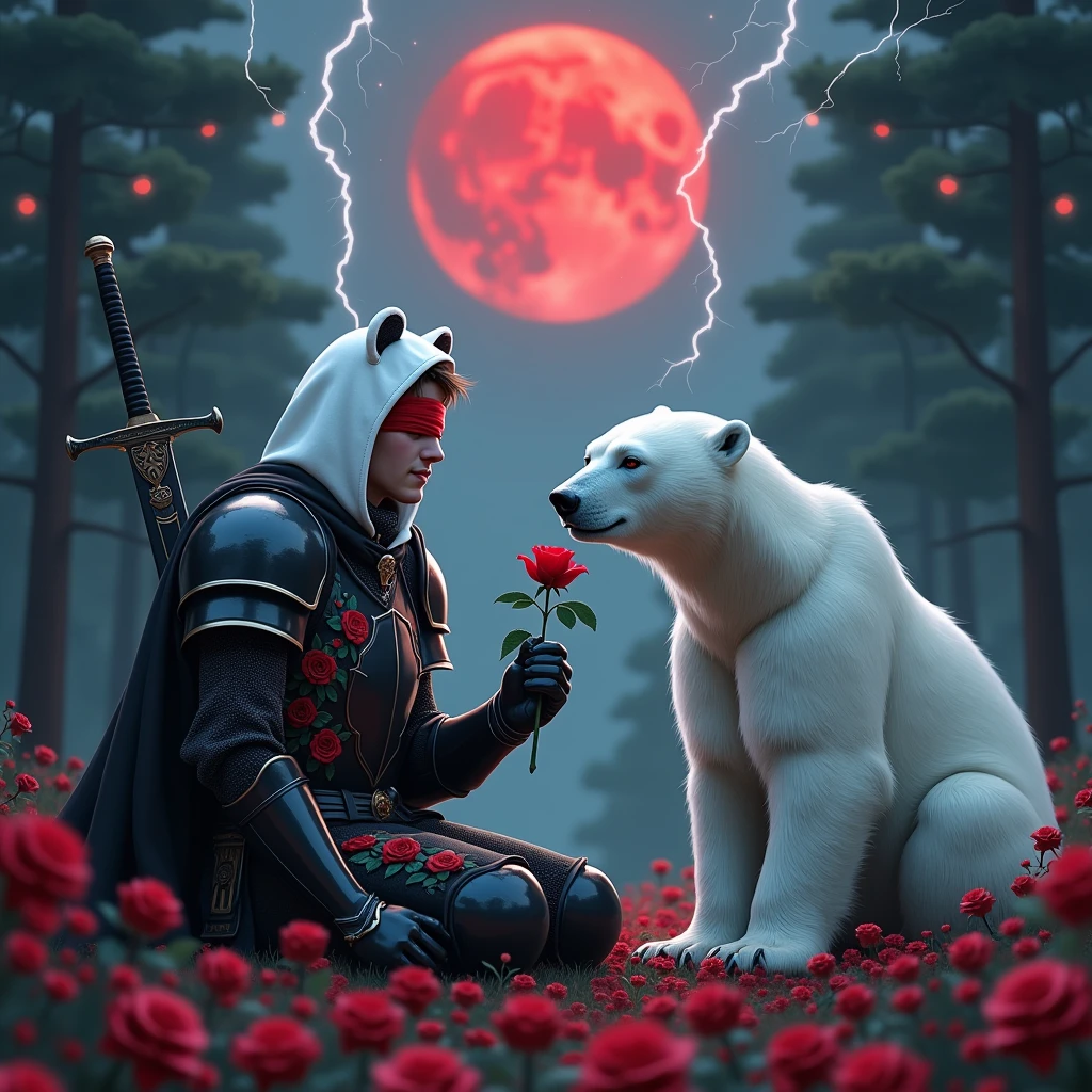 Male knight with a white hood with bear ears with sword behind his back sits towards a polar bear in a forest while the moon shines, many Roses cover the ground and lightning falls from the sky. The polar bear has black eyes and a calm appearance. Only the man wears a red blindfold. In the background of the picture is the blood moon. The forest is full of trees with leaves. The armor of the man is black with red roses on it. The knight smiles while giving the polar bear a rose.