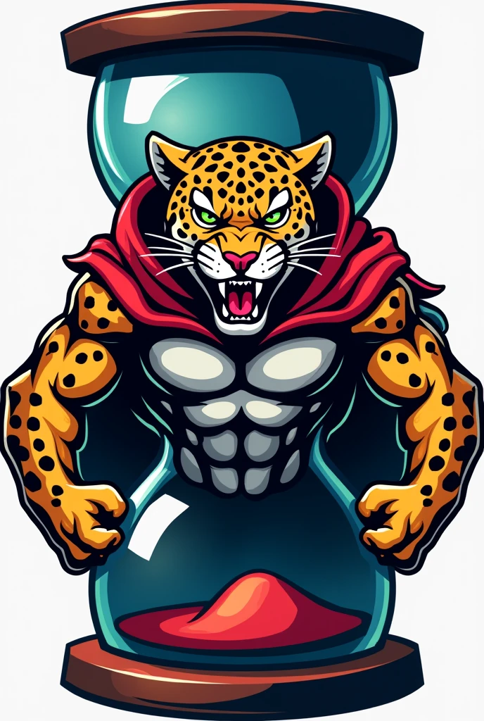 LOGO for SPORTS club Mascot, jaguar wearing a cape and showing its teeth, from the front and with a large hourglass behind, well framed