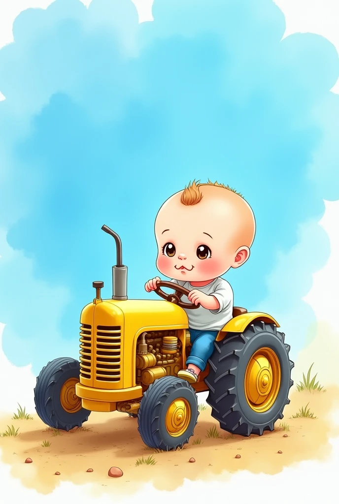 waltercolor baby drawing painted sideways yellow watercolor tractor, with blue watercolor background and clouds like painting with no one inside the tractor