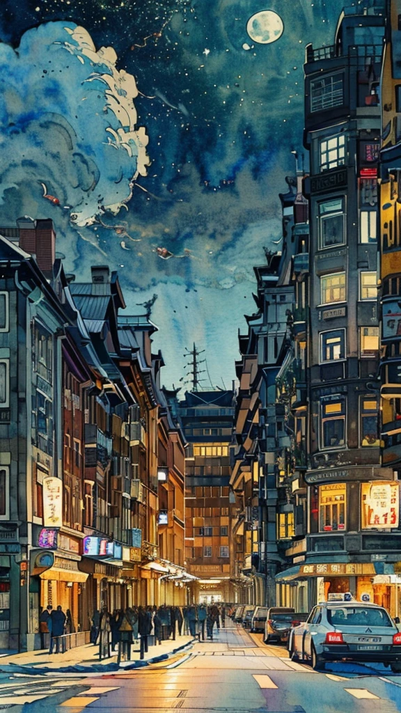 masterpiece, best quality, illustration, watercolor, ink，台北半夜night的乾淨巷子有一人站在巷子中央, street:1.5,night，Late Night，full moon in night sky