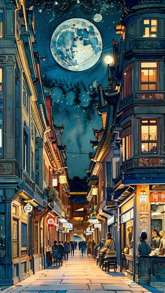 masterpiece, best quality, illustration, watercolor, ink，台北半夜night的乾淨巷子有一人站在巷子中央, street:1.5,night，Late Night，full moon in night sky