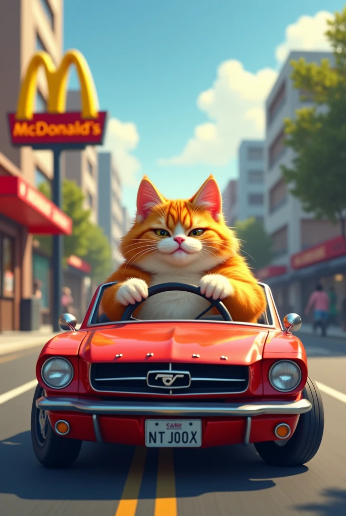 fat cat driving car front mcDonald store