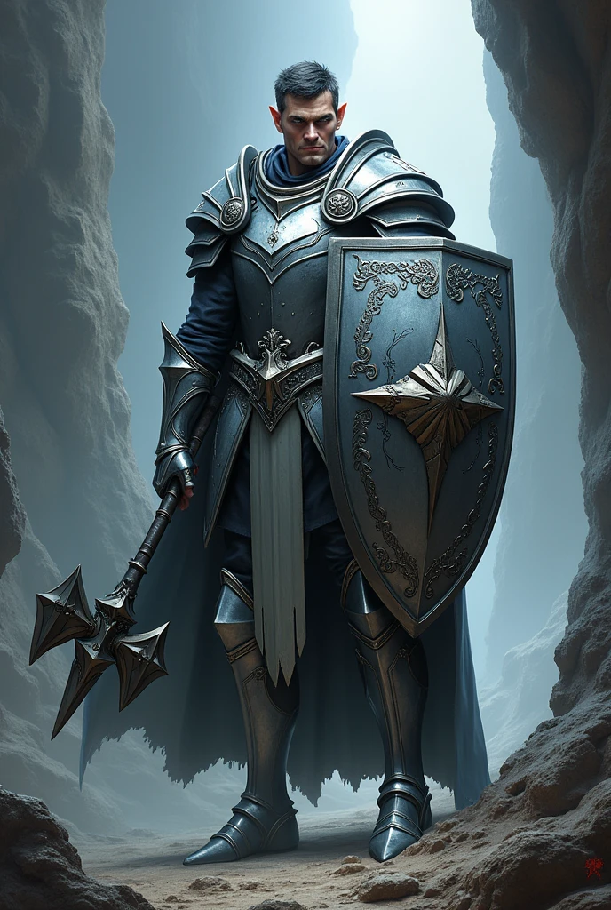 Male elf dark short hair White skin dark blue eyes no beard with silver heavy armor , great mace and tower shield