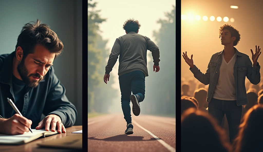 Create a realistic image where '' A collage of three images: a man writing in a notebook with a focused expression, another person taking a decisive step forward as if starting a race, and a third person giving a passionate speech to a small crowd. The background of each image is blurred to emphasize the actions, symbolizing the transition from dreaming to doing to showing."