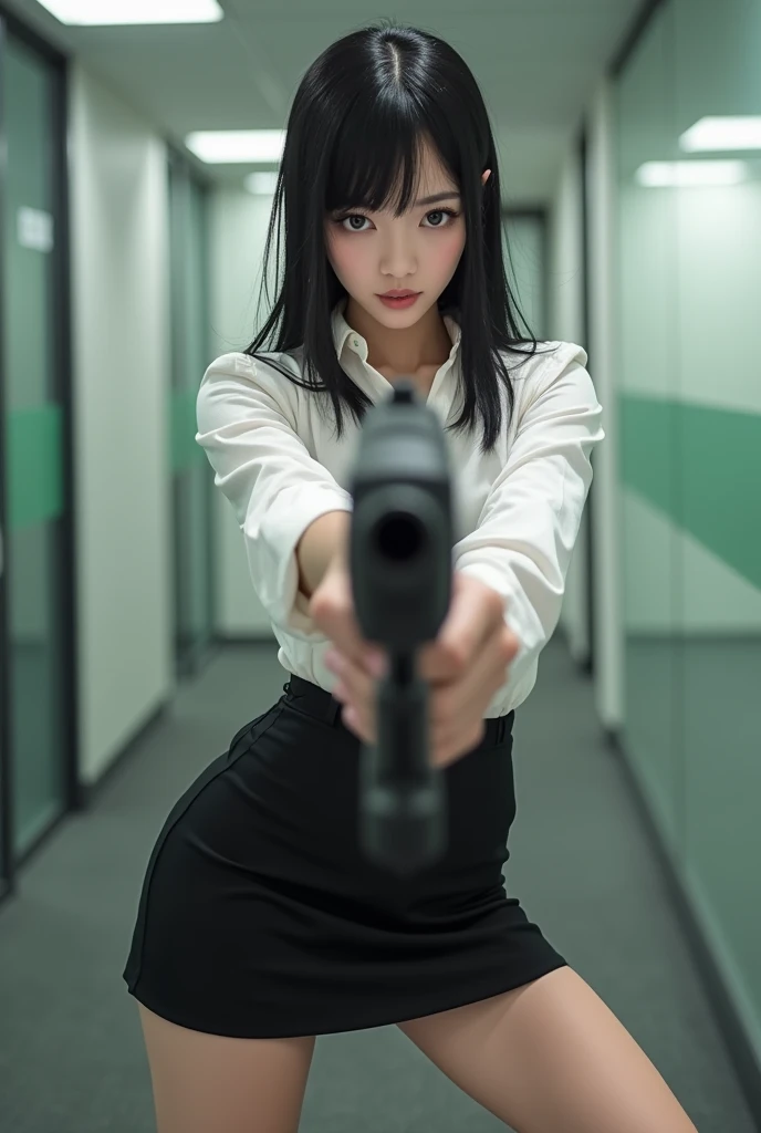 real beautiful sweet big eyes office lady japanese white shirt low mini skirt standing legs open wide spreading full portrait holding rifle gun pointing at you front facing aiming at you