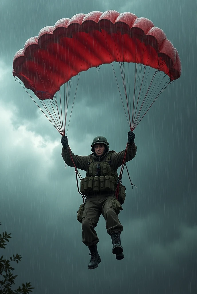 A bloody plastic model of an American soldier parachuting Heavy rain in the background