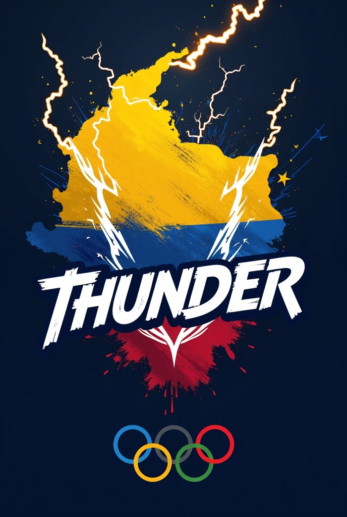 create a logo joining the name Thunder, the colors of the Colombian flag, the olympic games, and some lightning and thunder