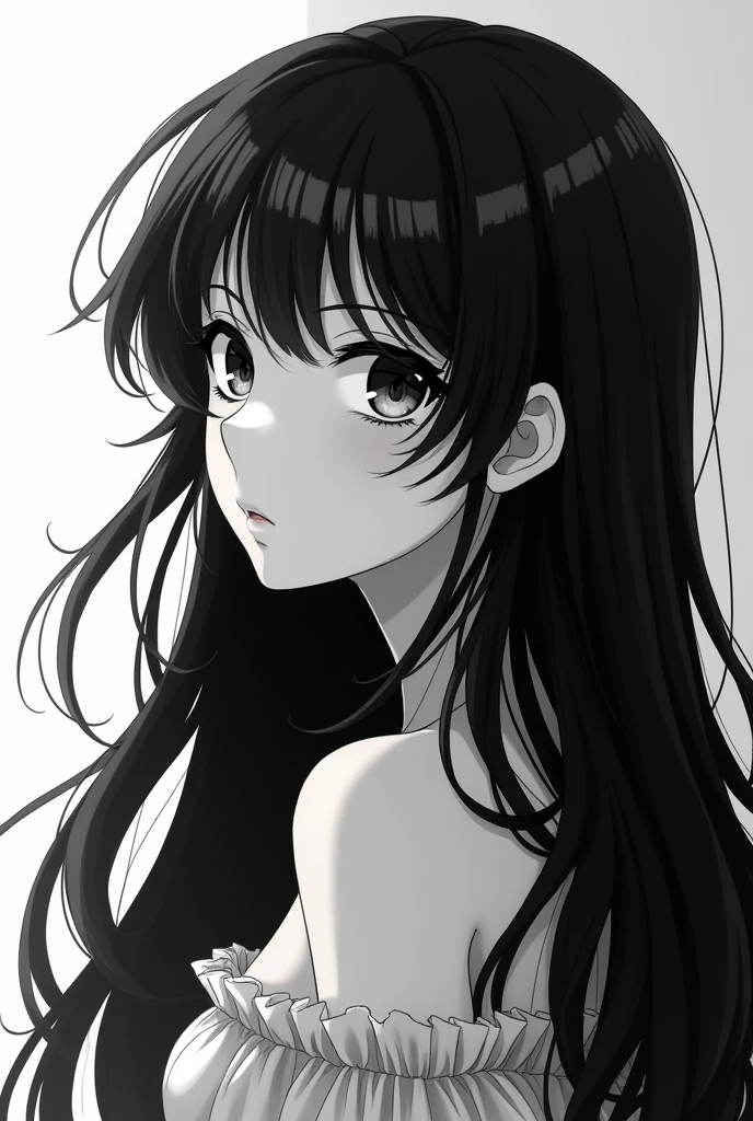 long black hair girl face anime style 2d to black and white