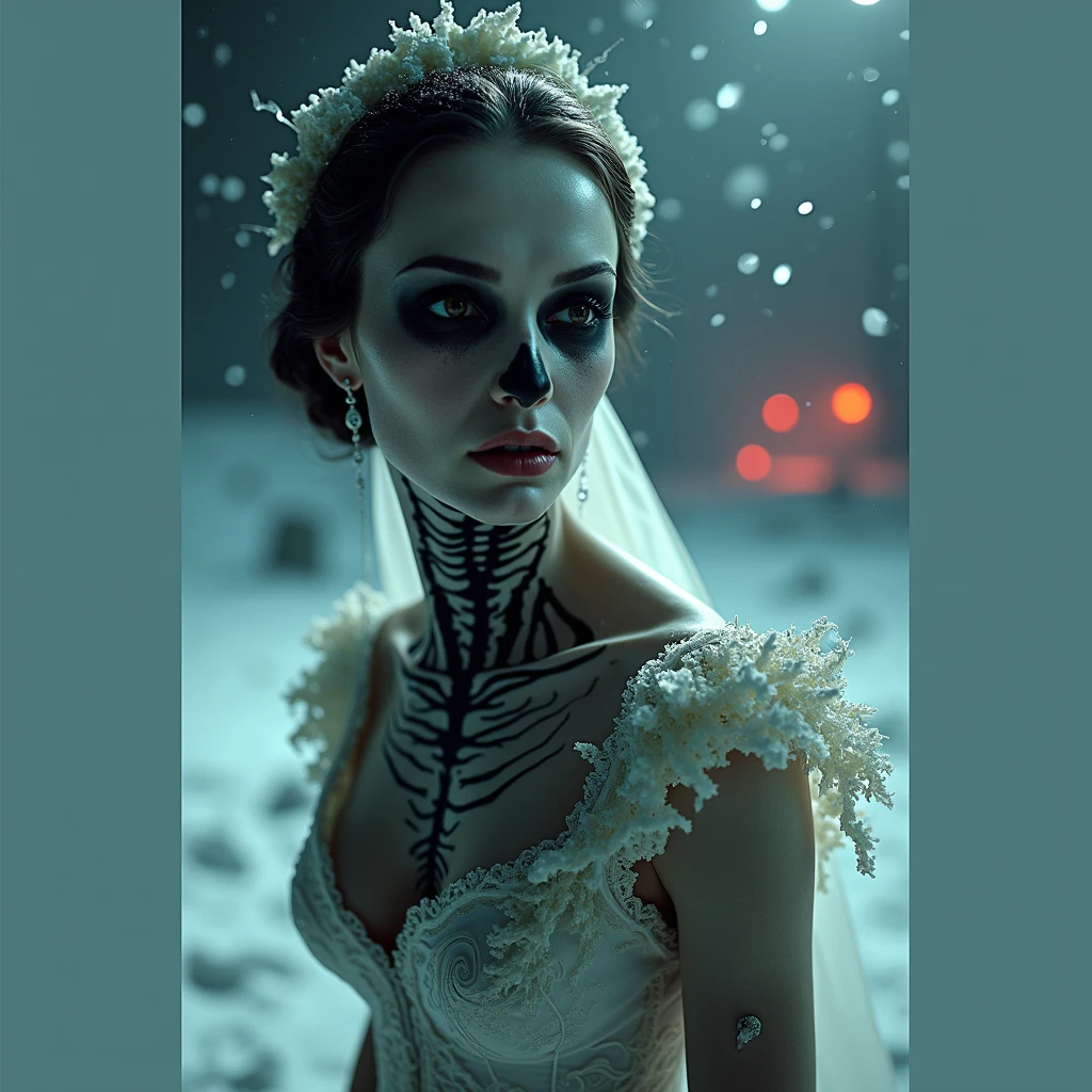 Generate a Masterpiece  Bride Image, High quality animation, realistic aesthetic photo, (HDR:1.2), porous and detailed, intricate and detailed textures, scary and beautiful horror story content, foto RAW, 16K, sharp focus, cinematic lighting, ((night of shimmering)), (from front view), bride dressed in a wedding dress,  Bride, skeletor, red spots in the snow, dark and cold look of the night sliding in the snow, arte de glass, glass.. the background must convey terror 