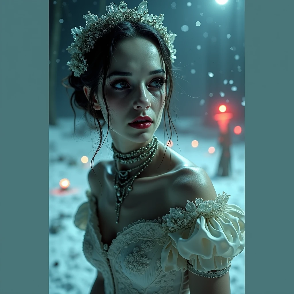Generate a Masterpiece Bride Image, High quality animation, realistic aesthetic photo, (HDR:1.2), porous and detailed, intricate and detailed textures, scary and beautiful horror story content, foto RAW, 16K, sharp focus, cinematic lighting, ((night of shimmering)), (from front view), bride dressed in a wedding dress, Bride, skeletor, red spots in the snow, dark and cold look of the night sliding in the snow, arte de glass, glass.. the background must convey terror