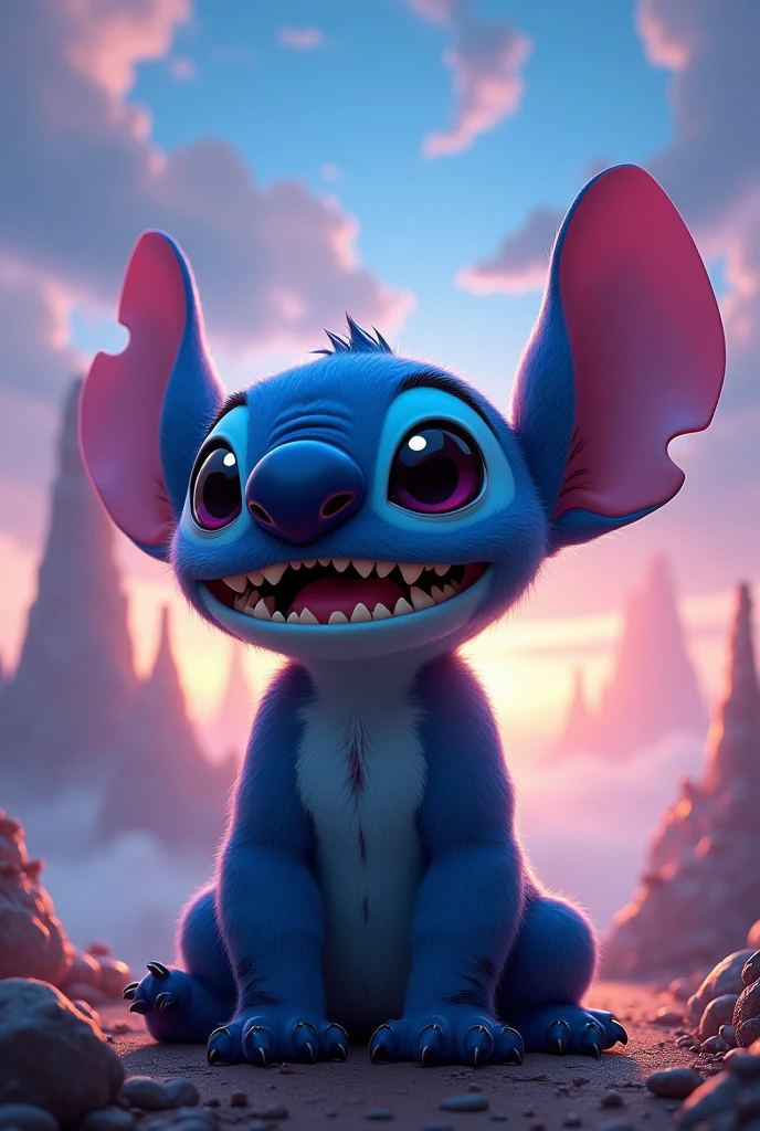 Almost realistic image of the character Stitch with an incredible background