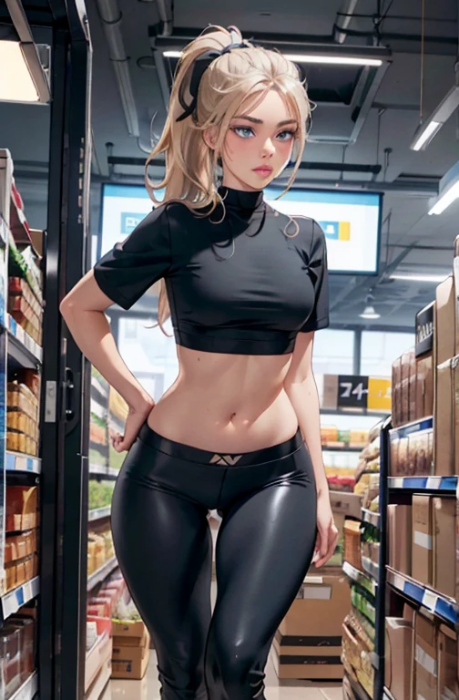 (A full body portrait of a gorgeous swedish girl in a grocery store filled with other male customers, 1girl, multiple black men, black men, sandwiched,) (she has; a slight tan, blonde hair, bright blue eyes, ponytail, side bangs, golden tan, smooth skin, a small head to body ratio, small head, small face, youthful, small nose, light blue eyes, flawless face, round facial features, straight hair, thick eyebrows, flawless skin, sexy eyes, big upper lip, lip filler, wide lips, duck-like lips, plump lips, wide torso, thick thighs, wide hips, big hip bone, wide thigh gap, round plump breasts, plump butt, a queen of spade tattoo, sexy tattoo's,) (she is; wearing black clothes, black t-shirt with a logo, black matte tight pants, tight clothes, matte textured clothing, 'BLACKED' logo on shirt,) (body language; dynamic pose, flirtatious, cute, seductive, promiscuous, pouting lips,) (environment; swedish grocery store, colorful background, blurred background, cinematic lightning,) (high quality portrait, artwork, masterpiece, high resolution, 8k)