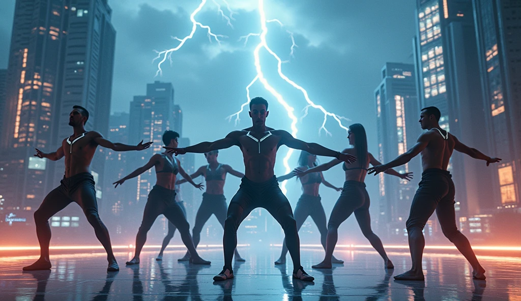 (ultra detailed), thunder、A dance scene with all the members of a male dance group。A futuristic city is projected in the background.。