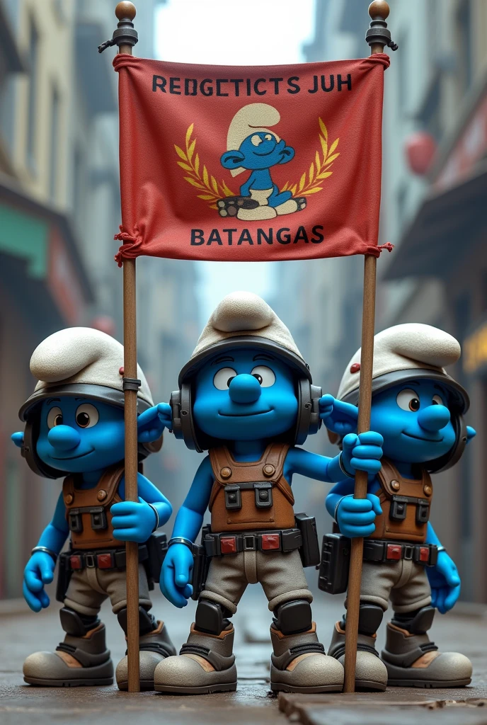 3D Ingress Resistance Smurfs, Standing pose, holding banner that says " Ingress Spec-Ops Batangas"