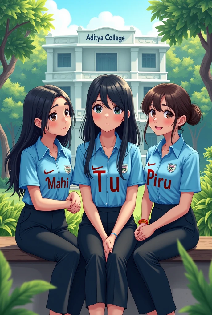 3 ladkiya bethi hai unhone college dress blue shirt or black formal pant pahan rakh hi jinme ek ki shirt par mahi or ek ki shirt par tab u or ek ki shirt par piru likha hai, vo ek garden me bethi hui hai or pichhe ek college hai jis par aditya college ka banner lagahua hai aisi Indian girl animetion me image banao