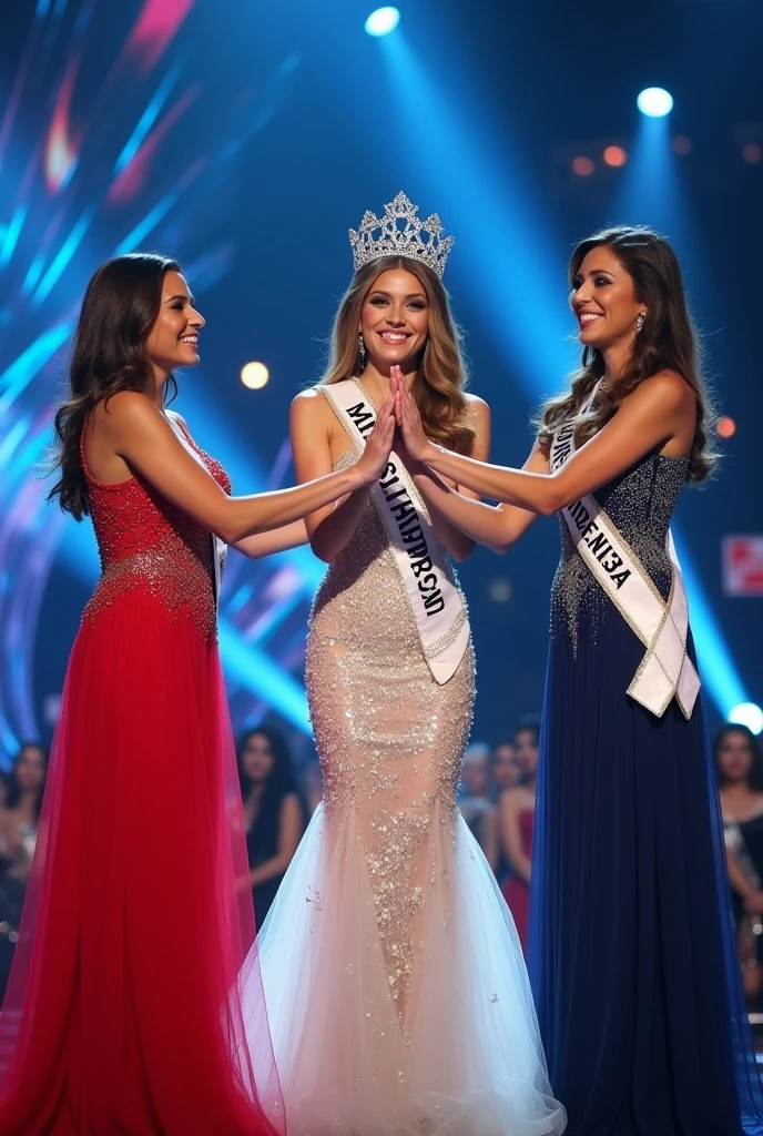 Two last standing of Miss Universe, hold hand each other. The center is Miss Universe while hold the crown up