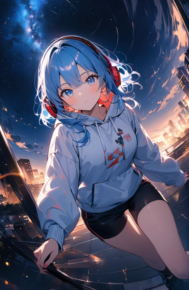 ((Amazingly absurd)),超High resolution, Attention to detail, high quality, High resolution, 最high quality, 4K, 8k、1 pretty girl、Blue Hair、blue eyes、White tight hoodie、Red headphones、Black shorts、Night view、Starry Sky、Fisheye Lens