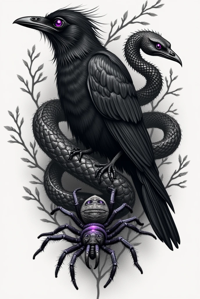 tattoo a crow, a snake and tarantula, Black with grey details, Heterochromatic gray eyes with purple half. that doesn't have so many details and they look good together