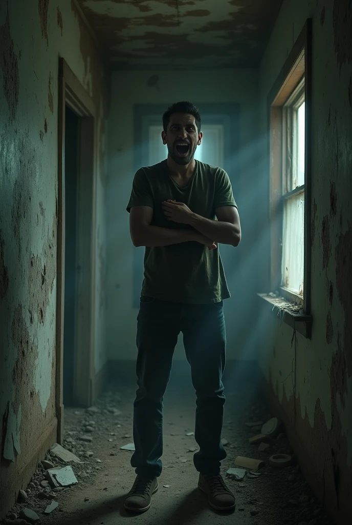 A scared man in an old house