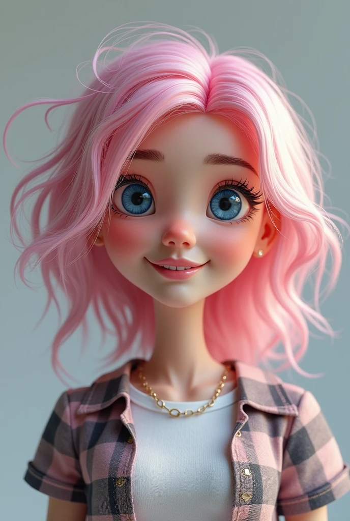 Pixar 3d style, disney, DEN_emma_kotos,
(headshot:1.2) portrait on a (plain grey background:1.2), (headshot:1.2), (face focus:1.1), windswept chaotic hair, soft lighting, low contrast, low saturation,pink, barbie, pink hair, makeup,
bokeh, f1.4, 40mm, photorealistic, raw, 8k, textured skin, skin pores, intricate details epiCRealism, avril lavigne, blue eyes, pink ombre blonde hair, emo, long blonde hair, tshirt plaid, smiling
