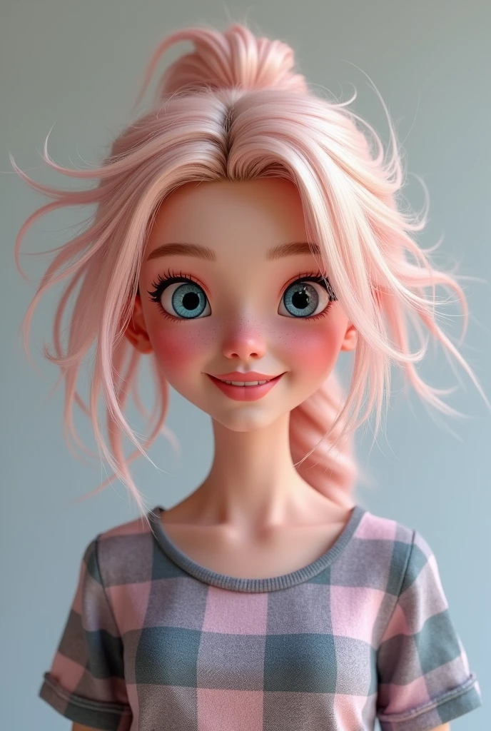 Pixar 3d style, disney, DEN_emma_kotos,
(headshot:1.2) portrait on a (plain grey background:1.2), (headshot:1.2), (face focus:1.1), windswept chaotic hair, soft lighting, low contrast, low saturation,pink, barbie, pink hair, makeup,
bokeh, f1.4, 40mm, photorealistic, raw, 8k, textured skin, skin pores, intricate details epiCRealism, avril lavigne, blue eyes, pink ombre blonde hair, emo, long blonde hair, tshirt plaid, smiling