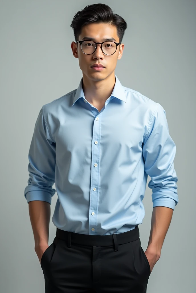 1 man (25yo) glasses,, , sexy pose, naugthy face, , random hairstyle, , seductive smile, wear blue pants, gray background