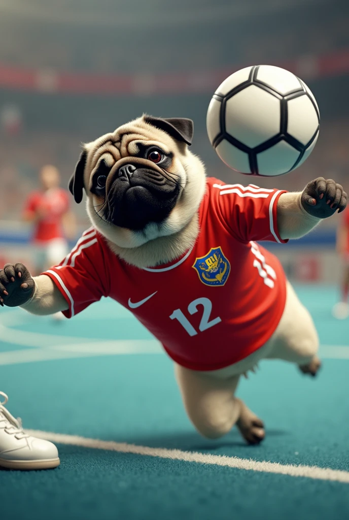 a pug dog futsal goalkeeper of São Paulo Futebol Clube with red uniform and shirt 12, white boots making a great save.