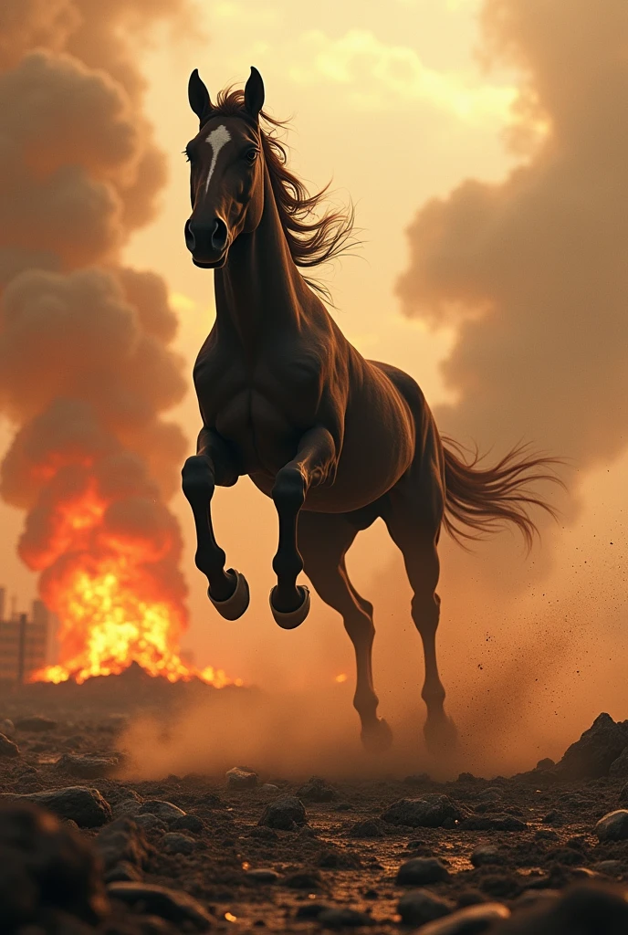 Horse jump in wa, fire explosion area, ground full dust and fire particles 