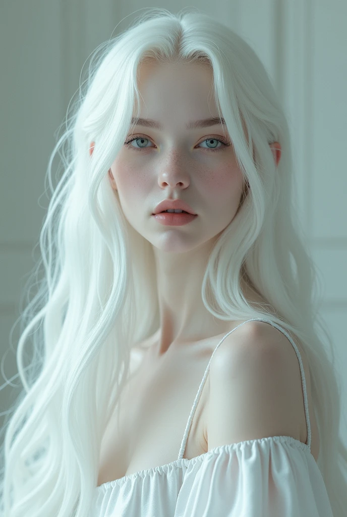 Tokyo revengers. Make an albino woman with long hair, pale eyes and white eyelashes. wearing an elegant dress 