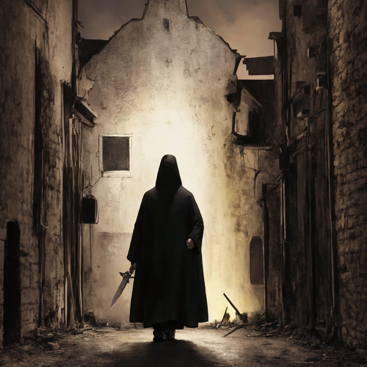 person in black hooded clothing, with a knife  in his hand, dark street, low light, street lamp above the person, lighting up, dark street, at night, crescent moon on the left faint stars, abandoned house behind